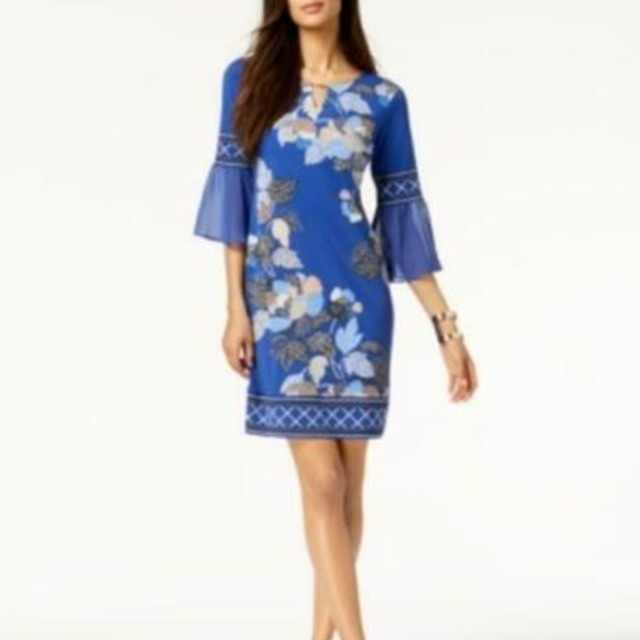JM Collection Printed Keyhole Sheath Blue Dress - Picture 1 of 1